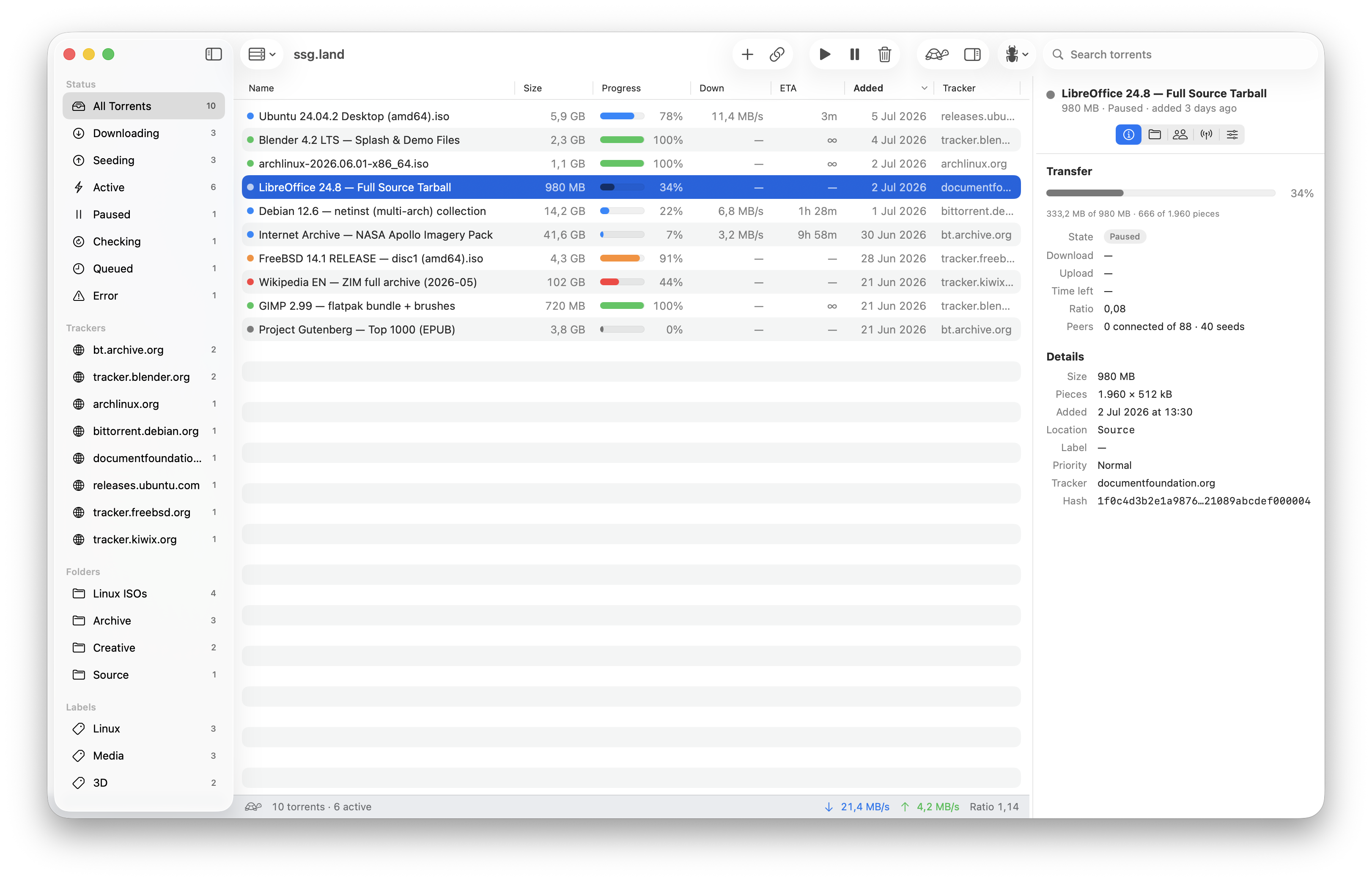 TransmissionSwift main window showing a list of torrents