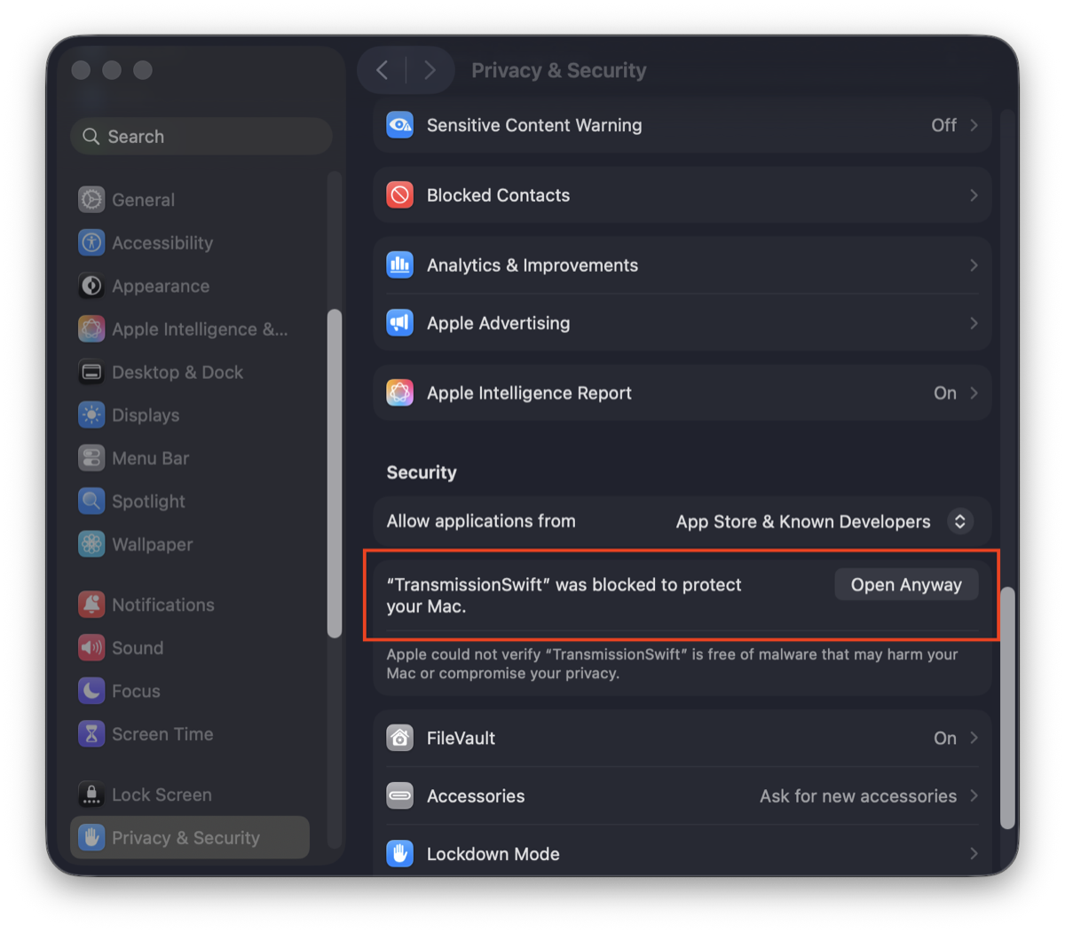 macOS Privacy and Security settings showing the Open Anyway button for TransmissionSwift
